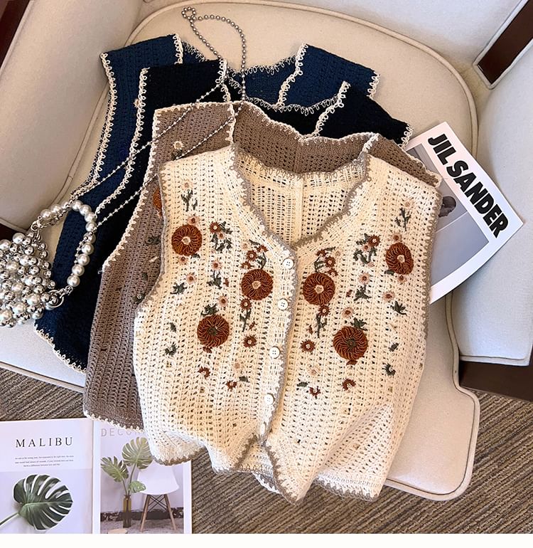 Juuri - Gehaakt vest met V-hals en bloemen