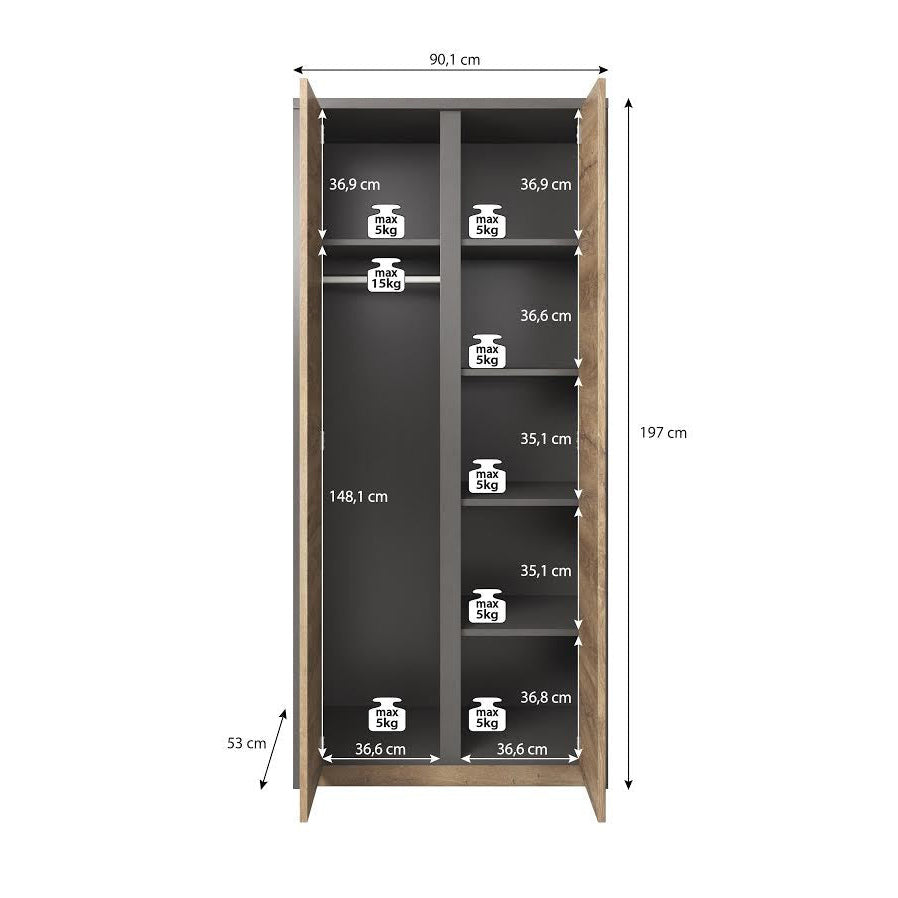 Meubella - Kledingkast Monaco - Eiken - Grijs - 90 cm