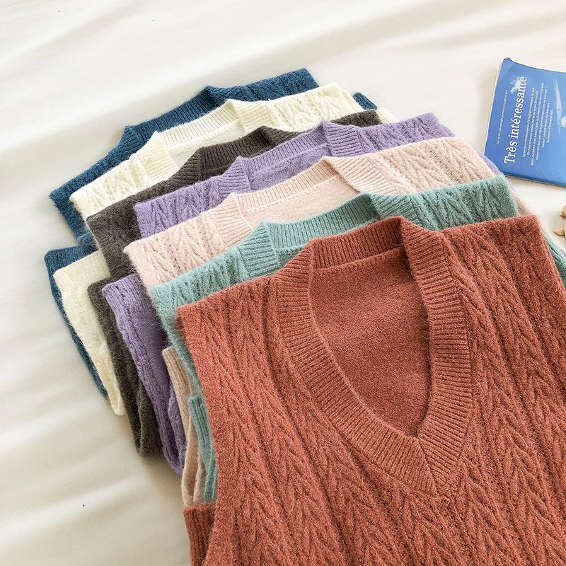 DIYI - Effen kabelgebreid vest met V-hals