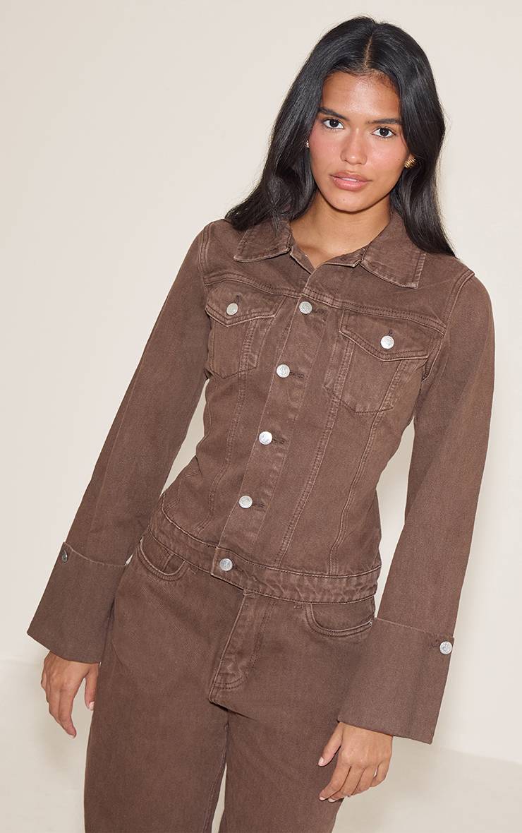 Marron Veste En Jean Cintrée Dos Avec Revers Retroussés