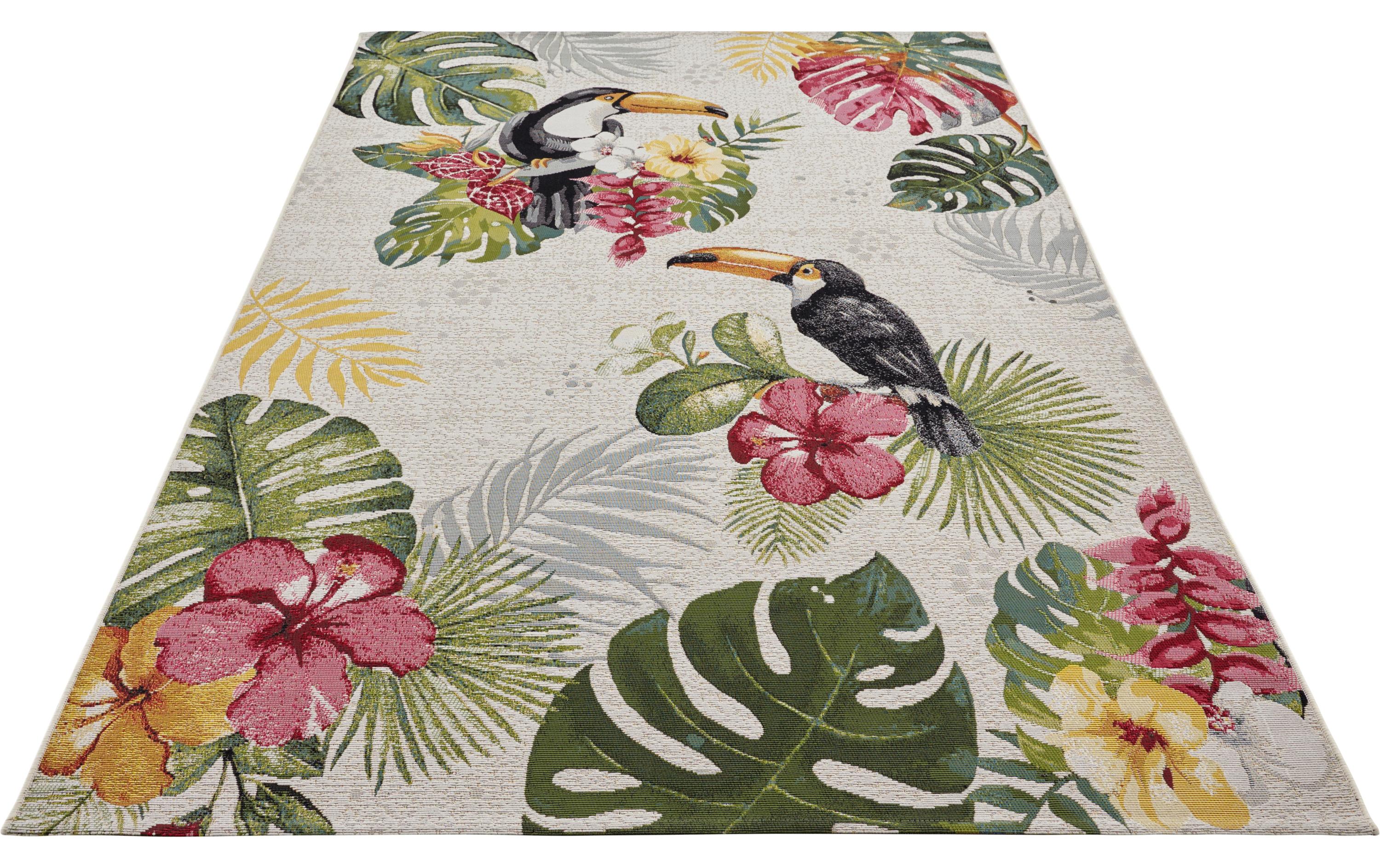 Teppich Tropical Dream 120 cm x 180 cm, Crème/MehrfarbigIn- & Outdoor Teppich, Flachegwebeteppich im Tropischen Design, Wetterfest & Wasserfester Aussenteppich mit Tukan Motiv für Terrasse, Balkon, Garten Wohnzimmer