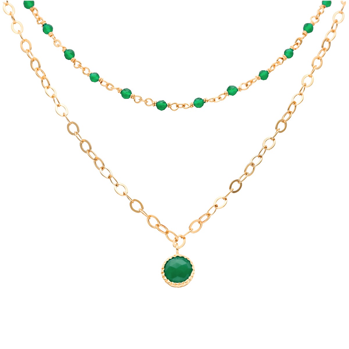Collier Argent Doré Double Chaine Pampille Et Pierres Onyx Vert