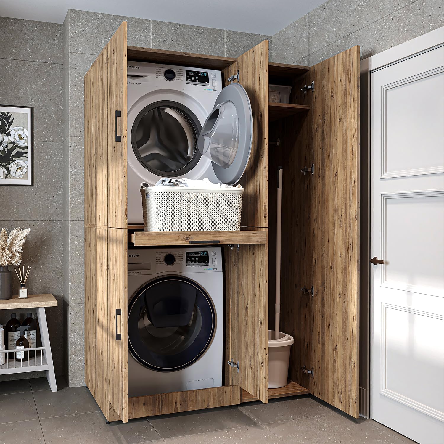 ROOMART Dora - Armoire de machine à laver - Pour sèche-linge et machine à laver - En 4 couleurs - Avec portes et panneau coulissant - Blanc - Chêne blanc - Chêne anthracite - Chêne blanc (chêne blanc)