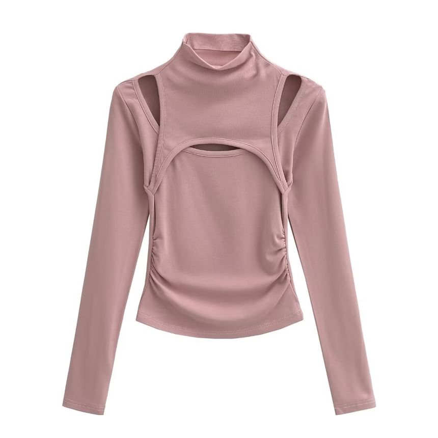 Osion - T-shirt met lange mouwen, nephals en tweedelig, effen, geplooid en slim fit T-shirt met uitsparingen