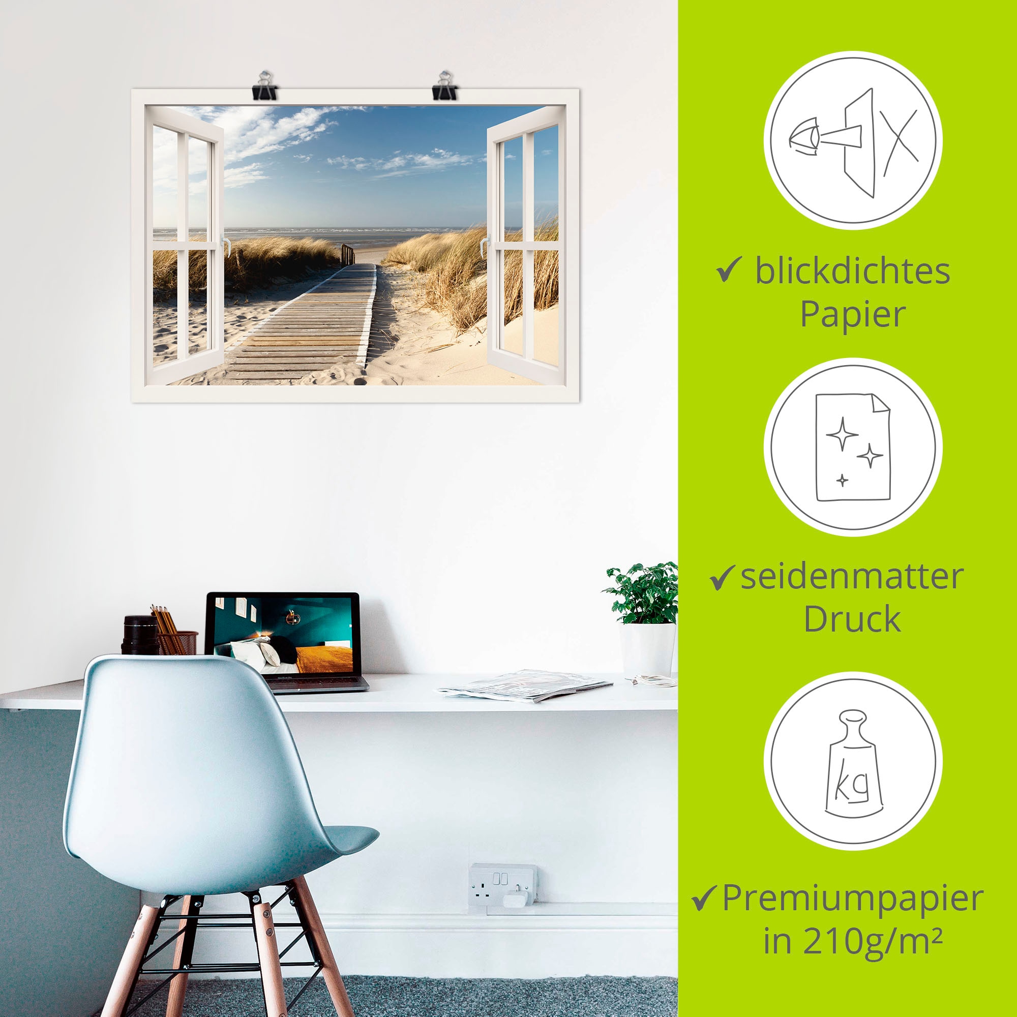 Artland Wandbild »Fensterblick Nordseestrand auf Langeoog« Fensterblick 1 Stk. tlg. als Leinwandbild, Poster, Wandaufkleber in verschied. Grössen
