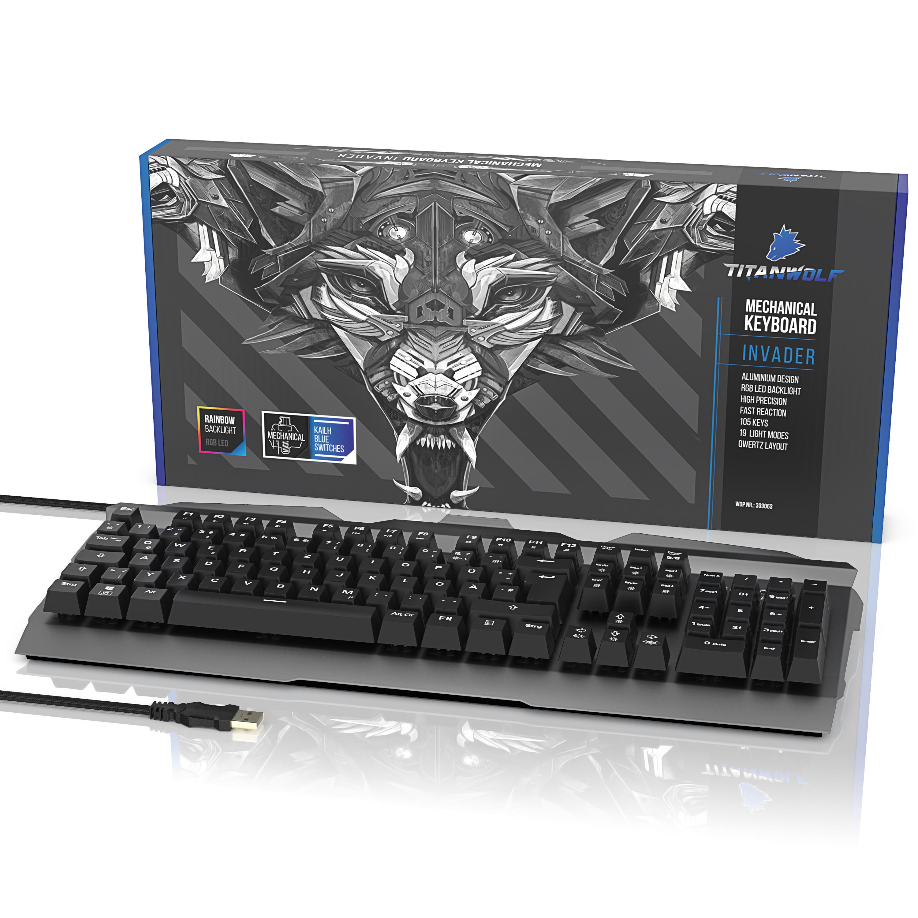 Titanwolf mechanische Gaming Tastatur „Invader“ Aluminium Gehäuse / RGB LED Beleuchtung