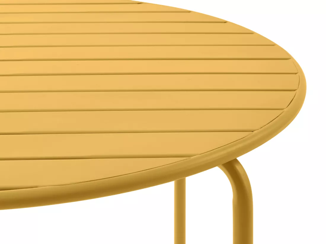 Salle à manger de jardin en métal - une table D.110 cm et 4 chaises empilables - Jaune moutarde - MIRMANDE de MYLIA