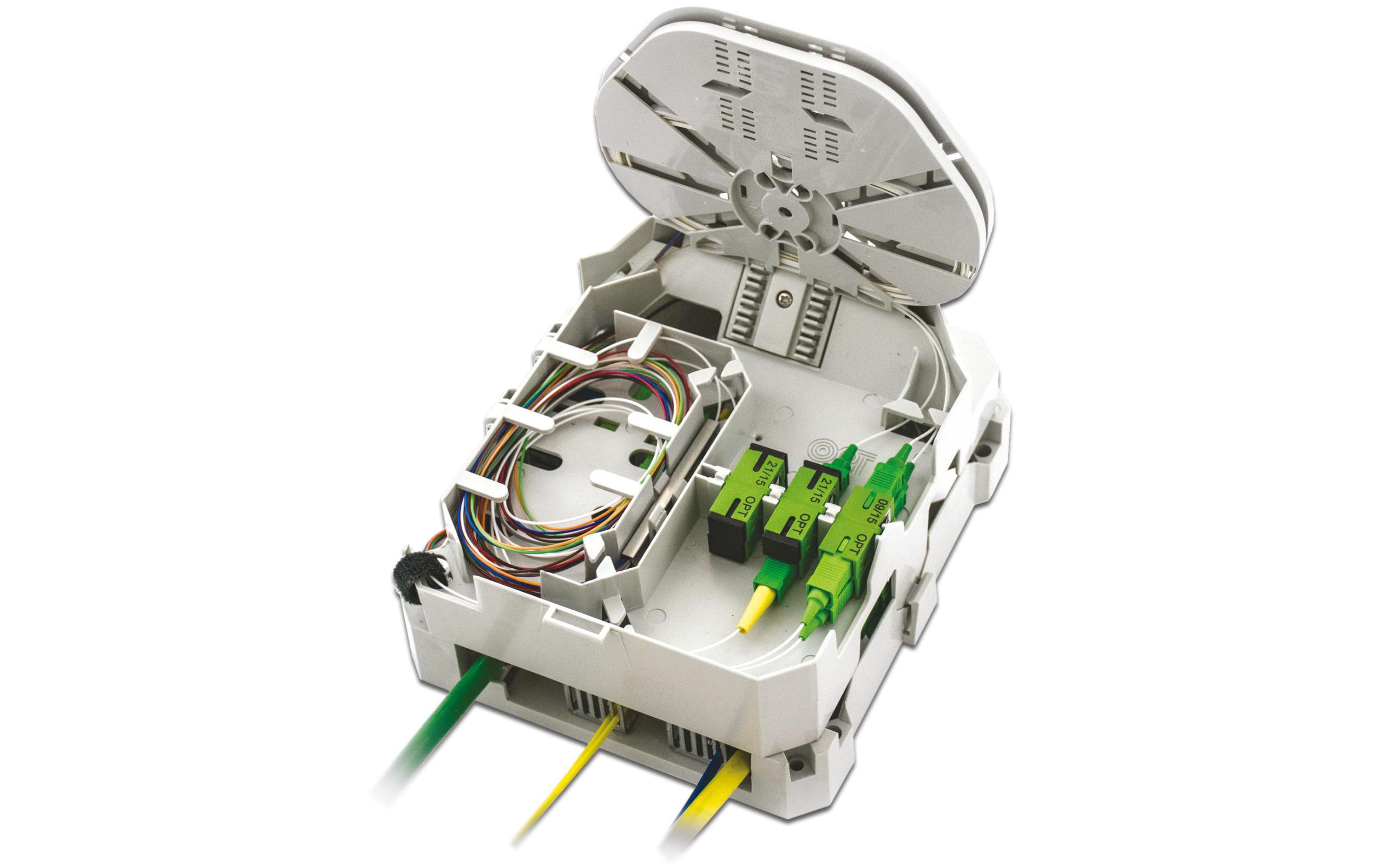 Spleissbox IP55 Wandbox Mittel PS8, Kassette & Kupplungen<br>FTTx IP55 Wand Patch-/Spleissbox kompakt, inkl. Spleisskassetten, 22 Kupplungen