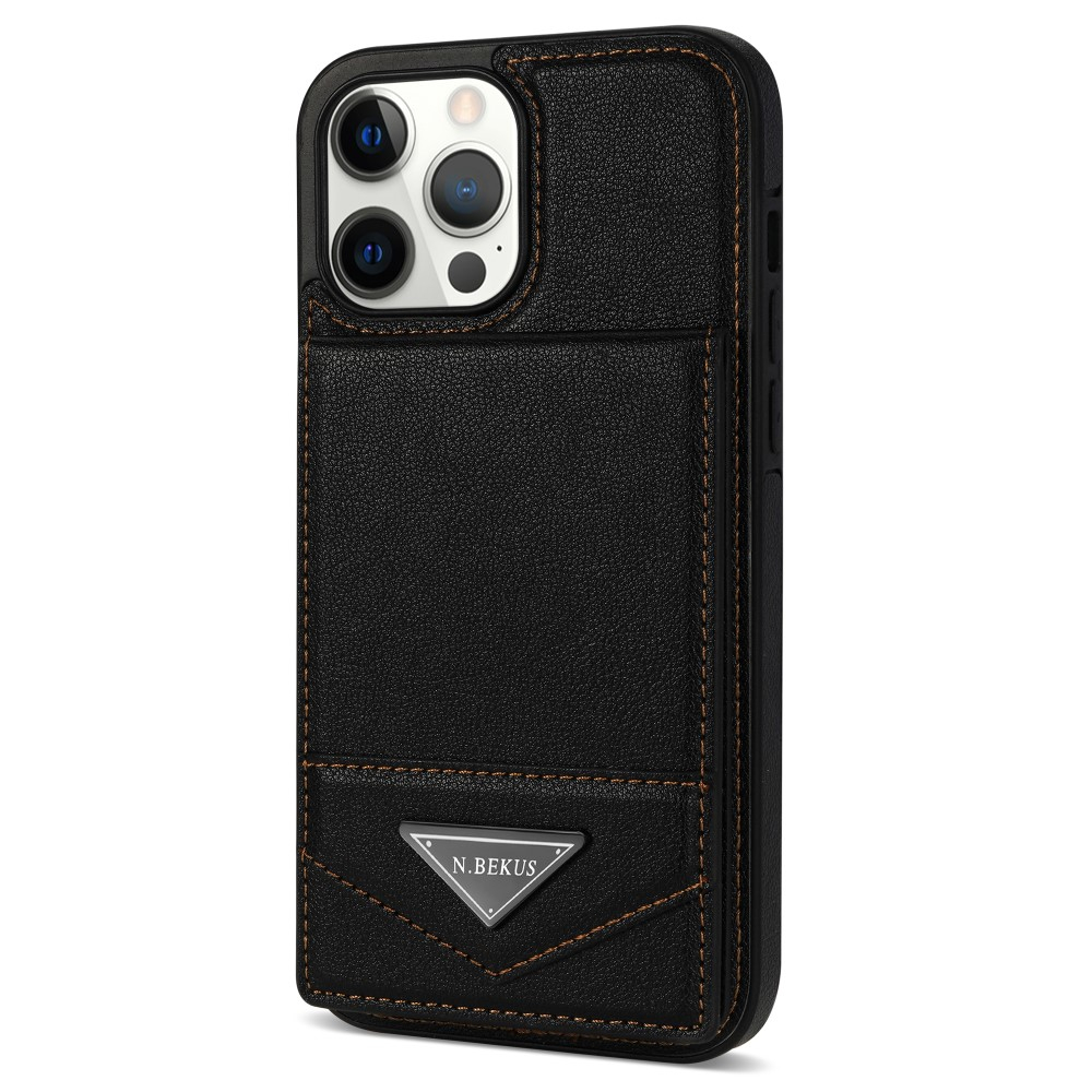iPhone 15 Pro Max Hybrid Leder Hardcase Hülle mit Kartenfächer mit Aufsteller (RFID Schutz) - Schwarz