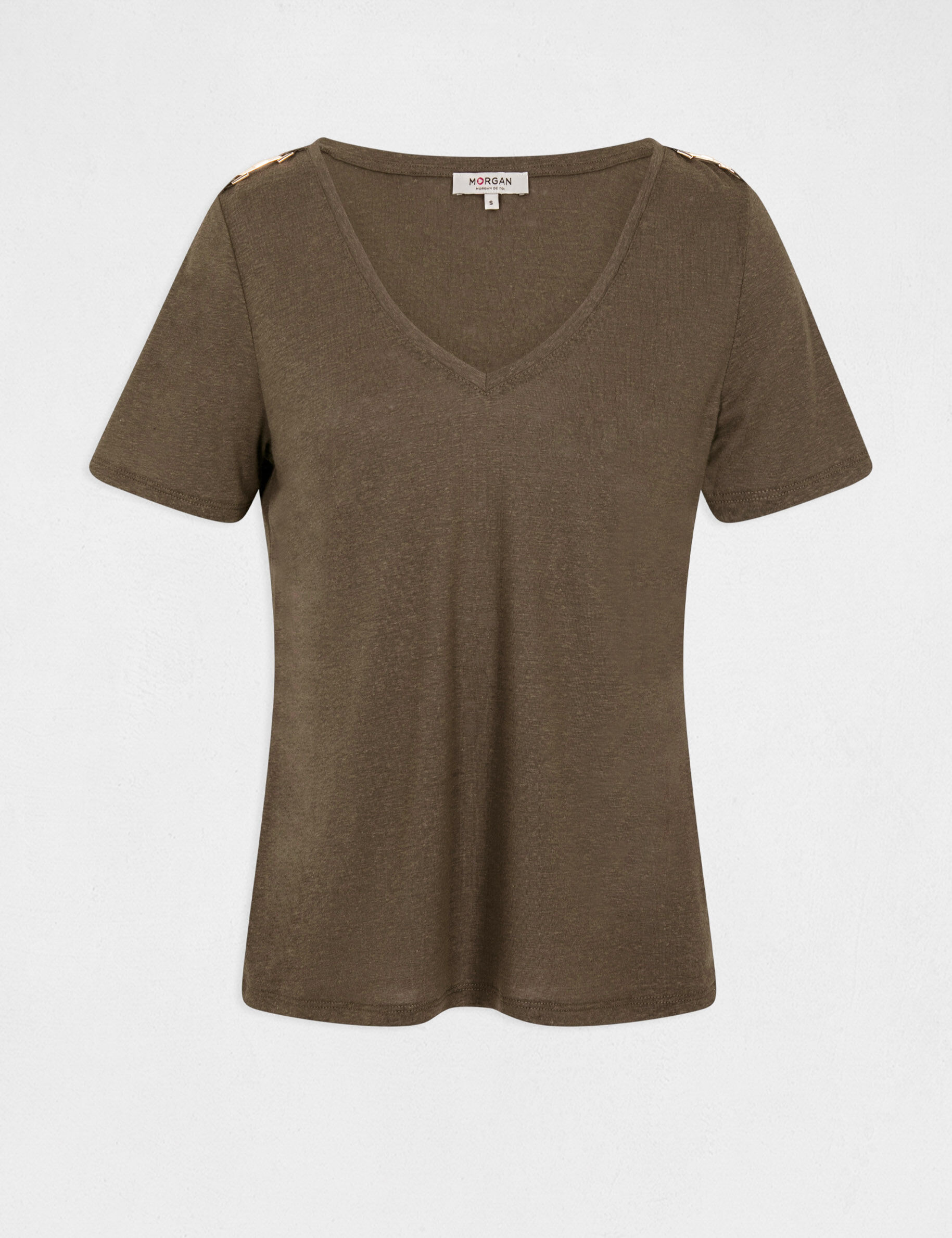 T-shirt manches courtes avec ornements vert kaki femme - vert_kaki