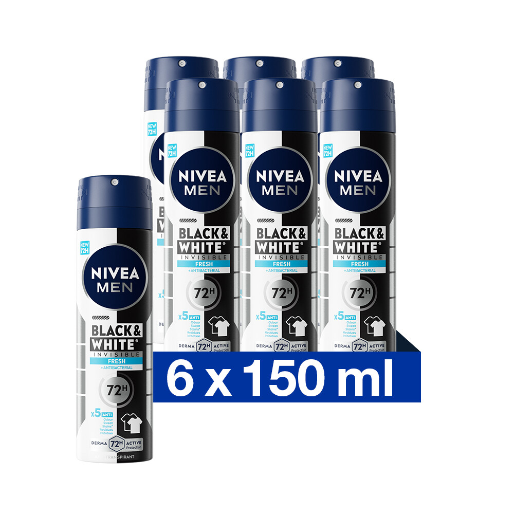 6x Nivea Men Deodorant Spray Invisible for Black & White Fresh150 ml