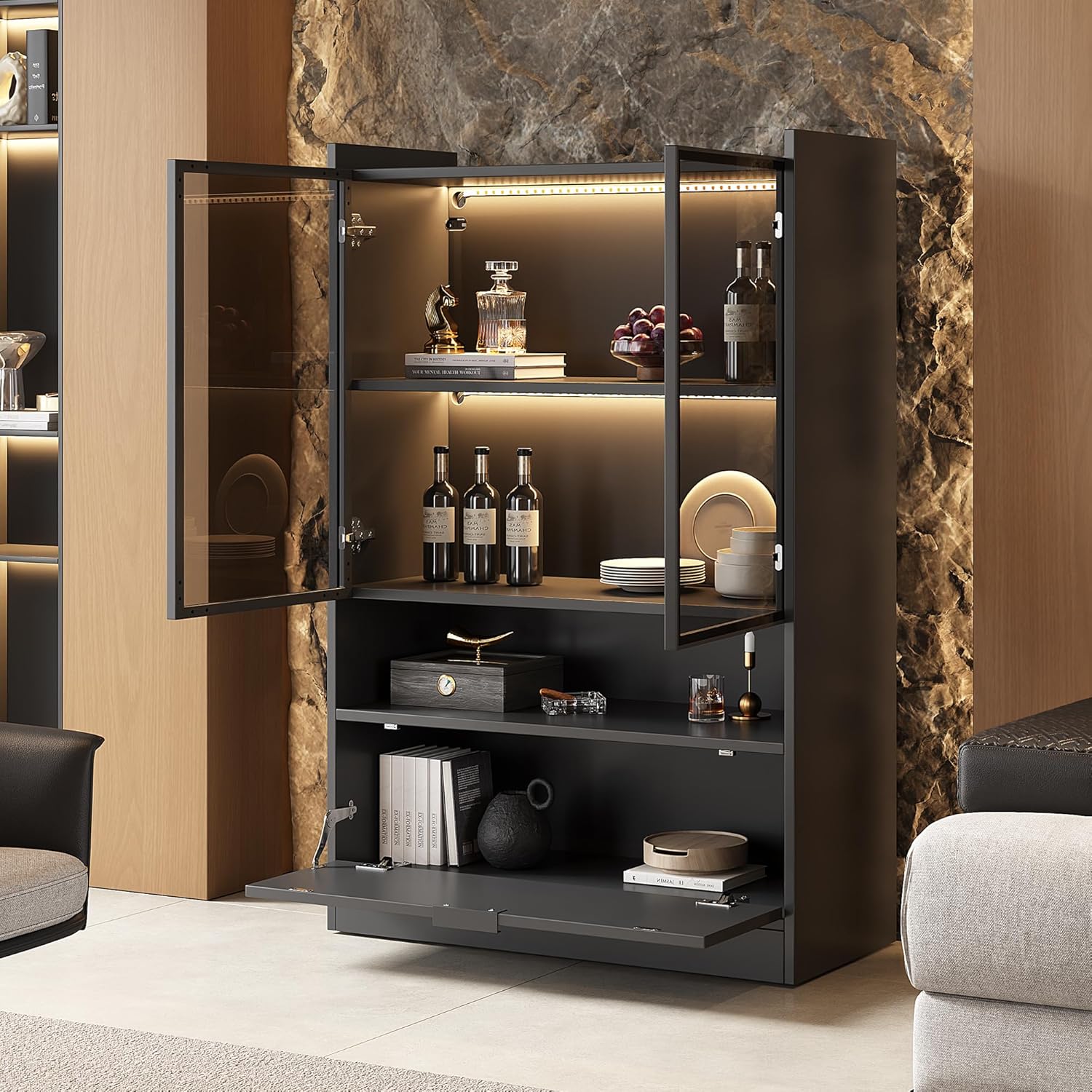 Moderne Vitrine Schwarz Matt Höhe 120cm, Glasvitrine Standvitrine mit Beleuchtung, Wohnzimmerschrank mit Glastüren und Klapptür, Spanplatte