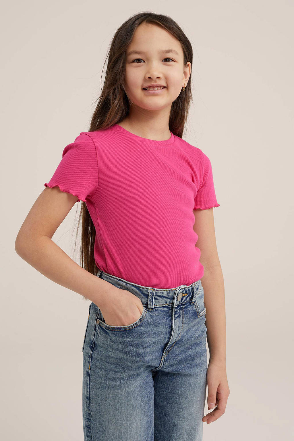 WE Fashion ribgebreid T-shirt intense pink