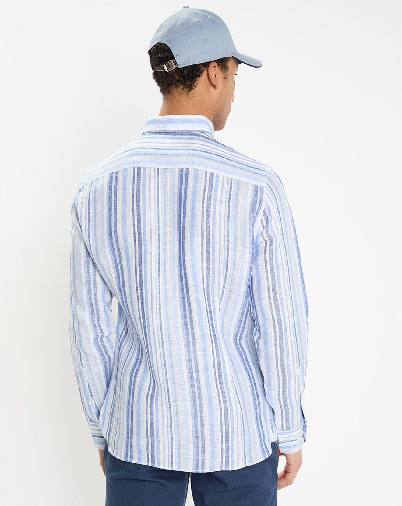 Hackett London Chemise 100% Lin Slim Fit à rayures bleue