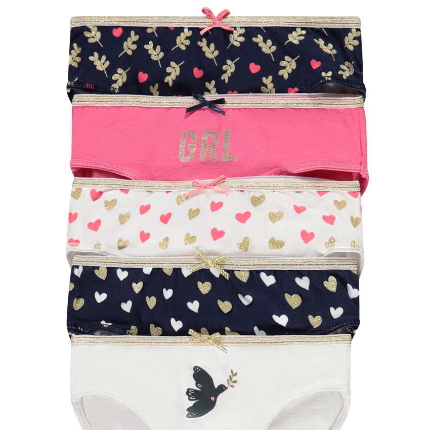 Lot de 5 culottes en jersey imprimé coeurs et feuilles pour fille - Bleu marine