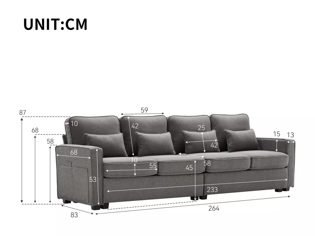 Canapé 4 places, 264x83x87cm, tissu lin, avec poches d'accoudoir et 4 coussins, style simple, pour le salon, gris foncé