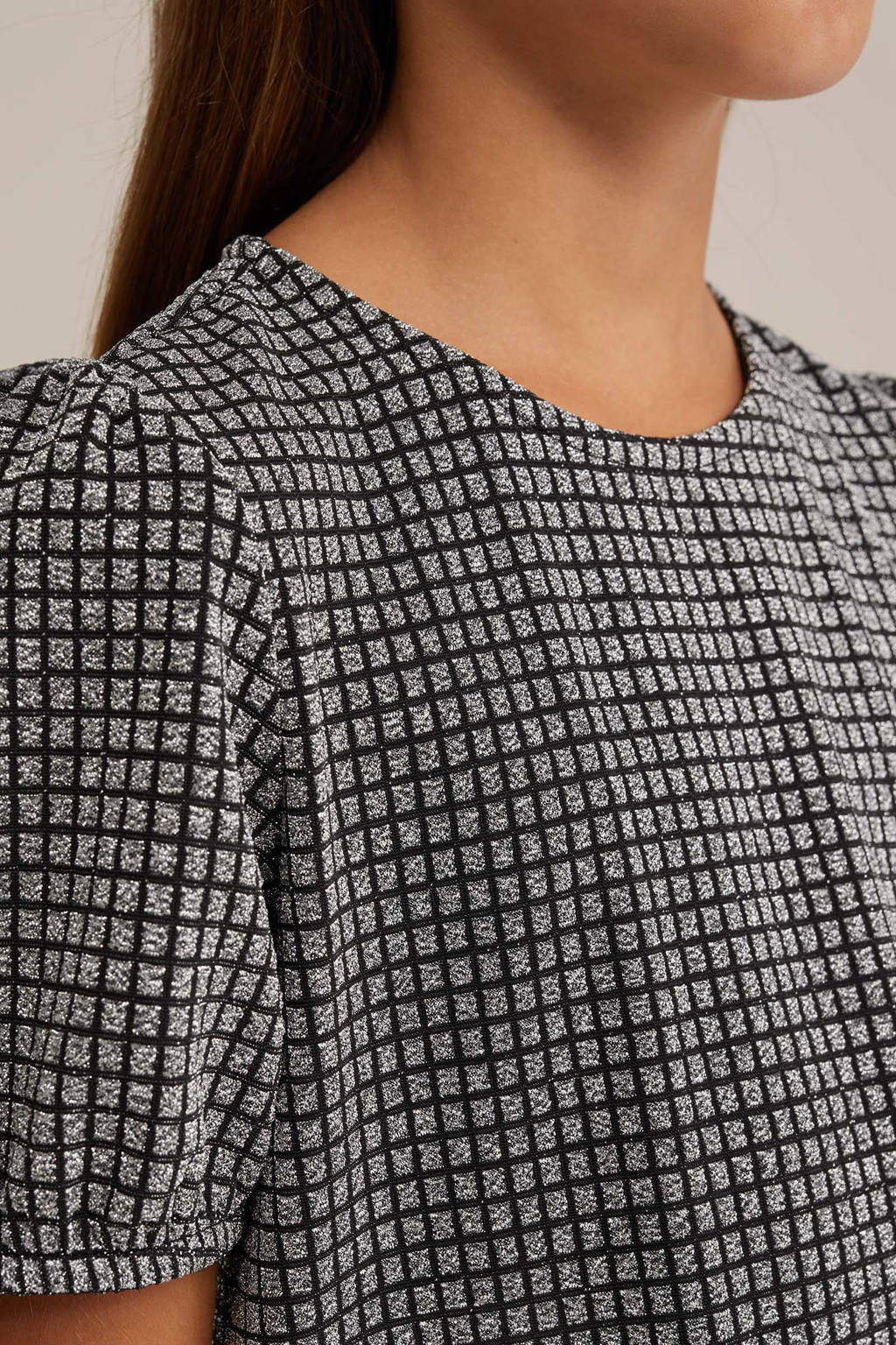WE Fashion jurk met all over print en glitters zwart/zilver