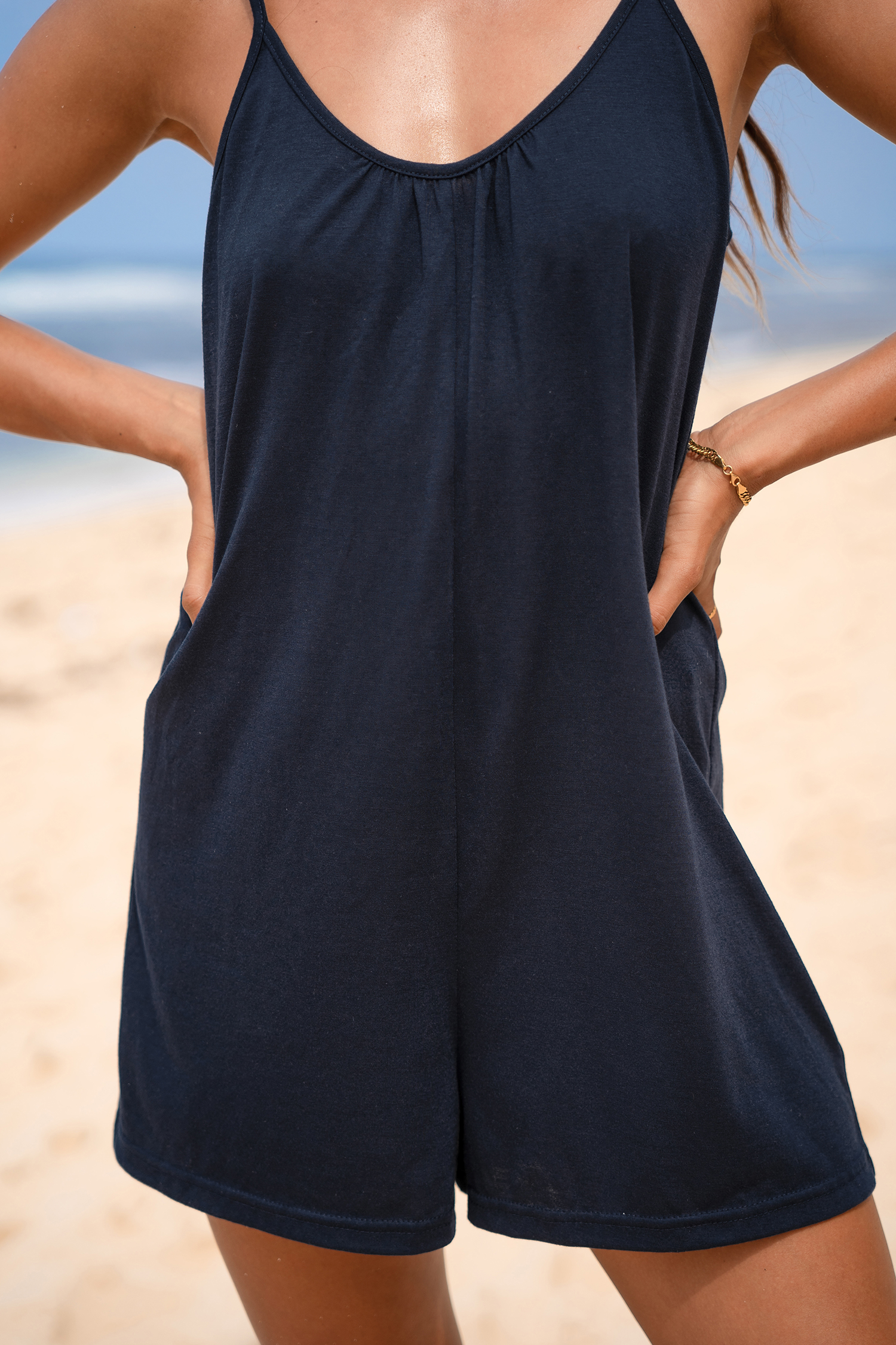 Combishort sans manches en jersey à col scoop bleu marine
