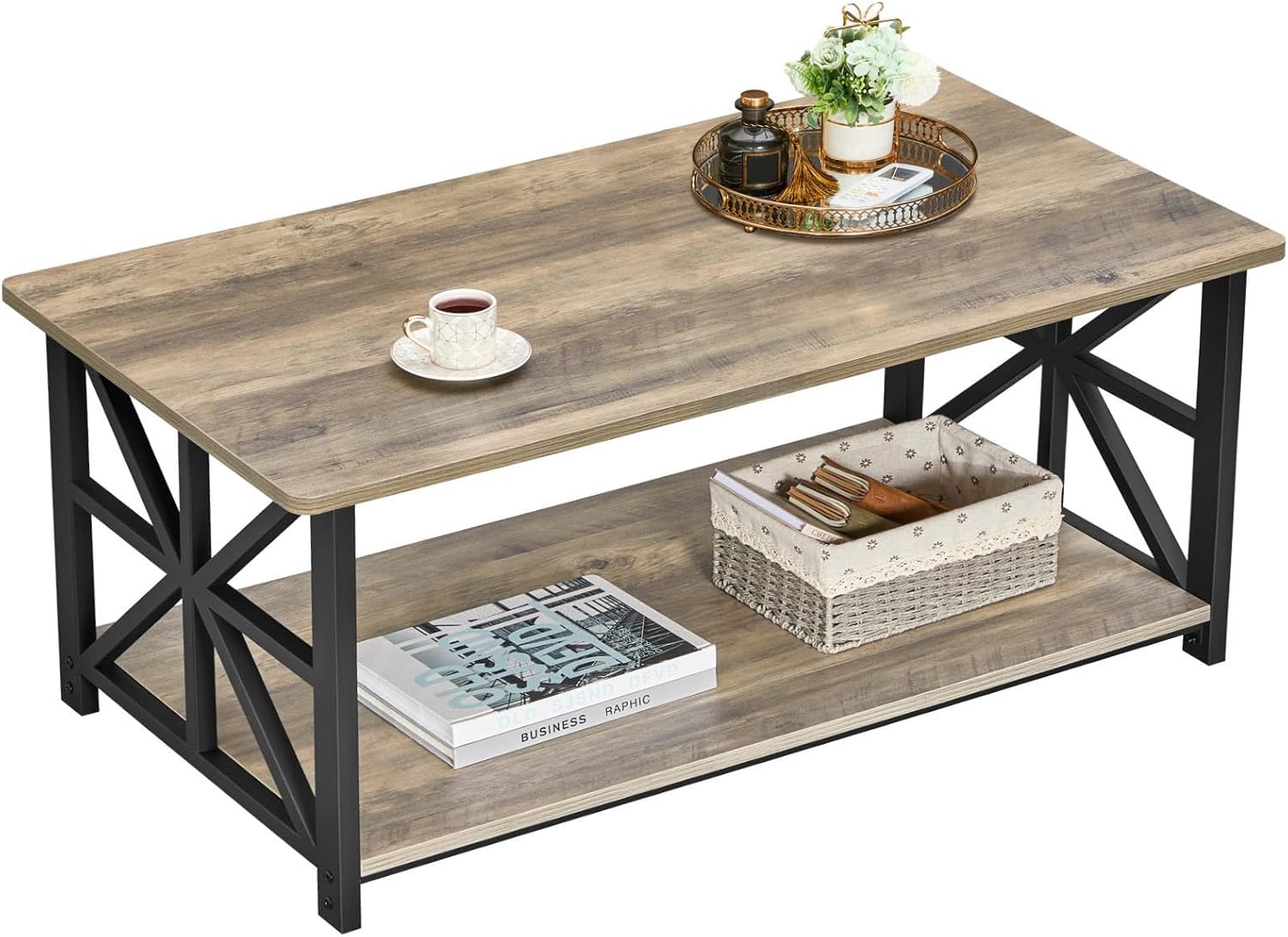 GreenForest Couchtisch mit Runder Ecke, 100 cm Wohnzimmertisch, Stabiler Sofatisch aus Holz und Metall, Kaffeetisch mit Regal, Rustikales Design, Sandeiche