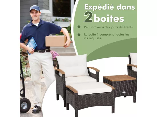 Salon de Jarin 5 Pcs en Plastique et vinyle Anti-UV, 2-4 Personnes avec Coussins, 2 Fauteuils, 2 Tabourets et 1 Table Basses, Marron