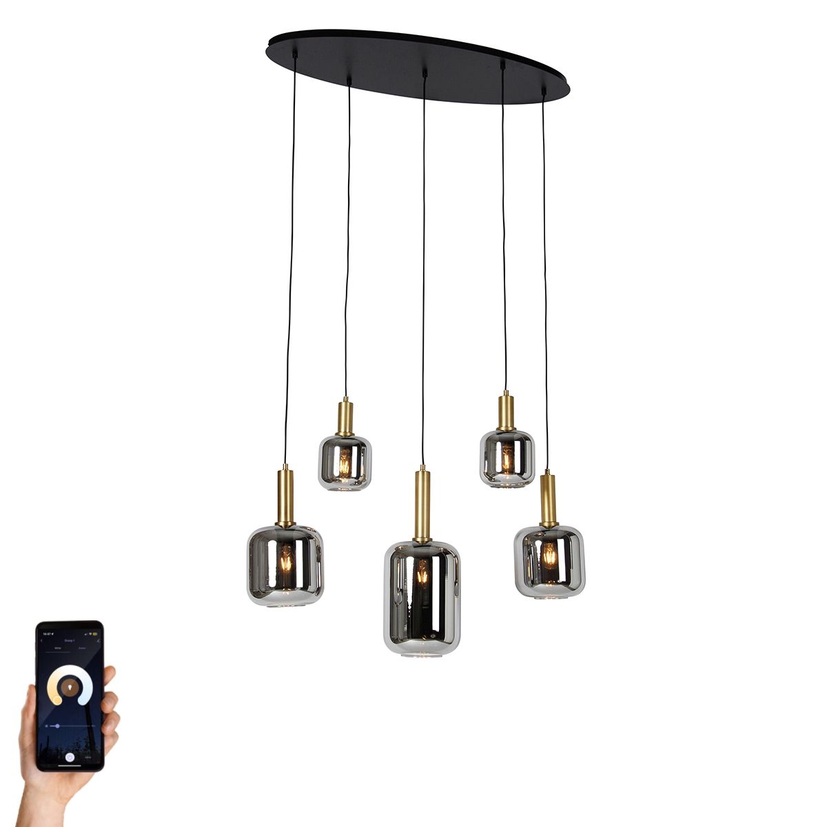 Smart hanglamp zwart met goud en smoke glas ovaal 5-lichts incl. 5 Wifi A60 - Zuzanna