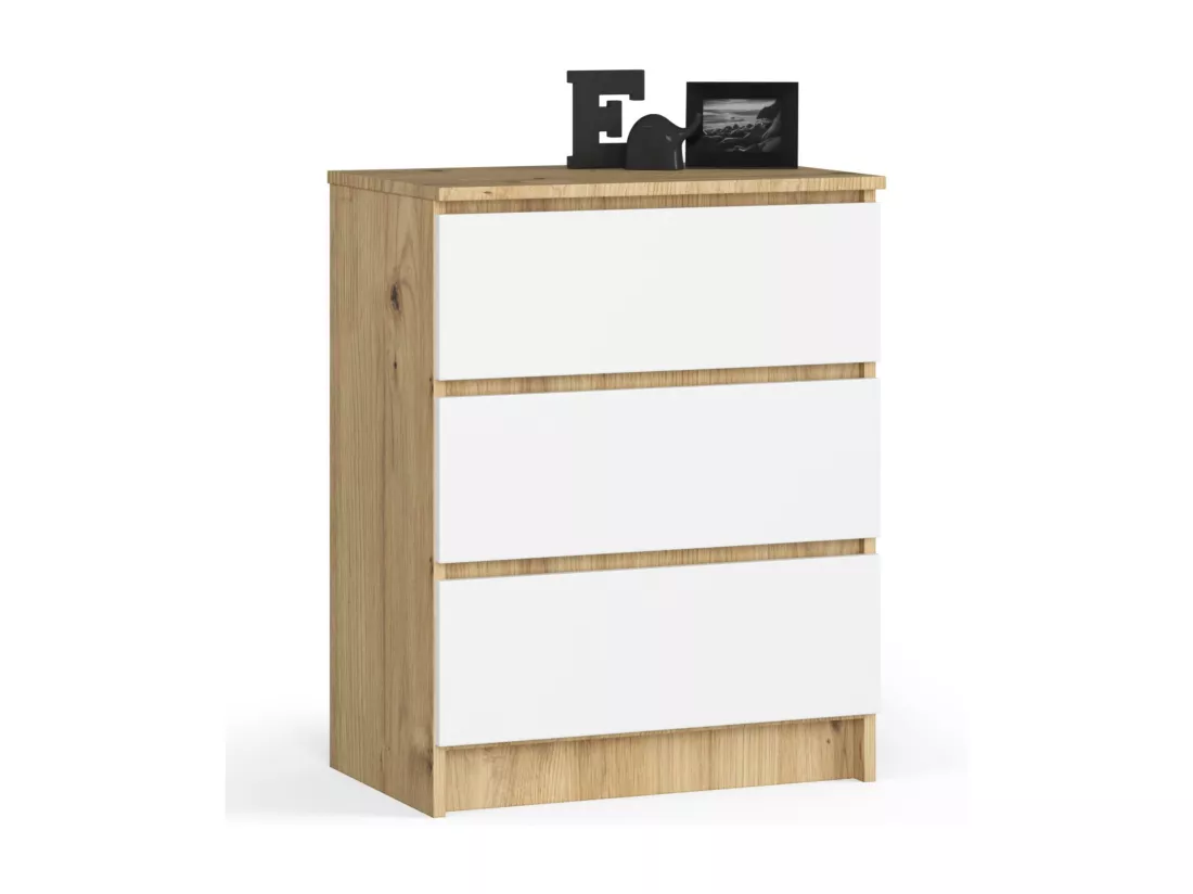 Commode AKORD K60 Chêne Artisan 60 cm 3 tiroirs façade Blanche 60x40x77 cm