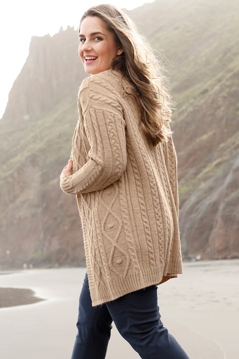 Strickjacke, Zopfmuster, offene Form, Langarm