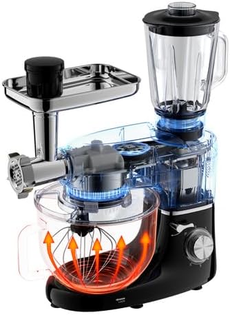 Ruhhy Küchenmaschine Edelstahlschüssel 6,2 l, 2200 W - 6 Geschwindigkeitsstufen + Pulsfunktion Küchengeräte für Kuchen und Brot mit Backzubehör für Hobby- & Profiköche