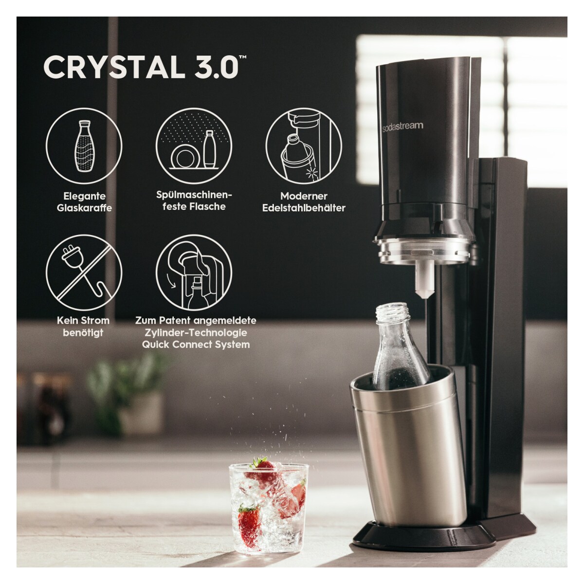 SodaStream Crystal 3.0 Titan Wassersprudler mit QC CO2-Zylinder und 1x Glaskaraffe