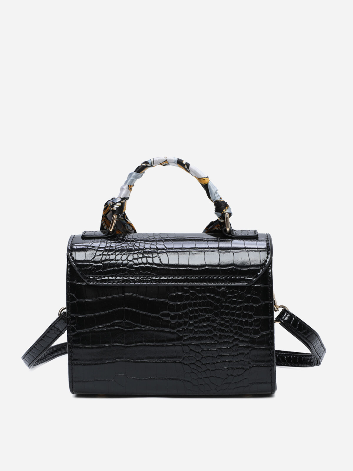 Sac à main effet croco avec foulard- Noir