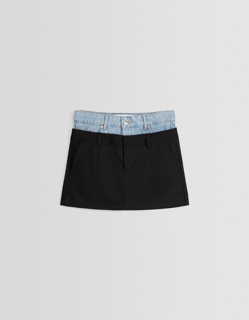 Saia de alfaiataria com cintura em jeans contrastante