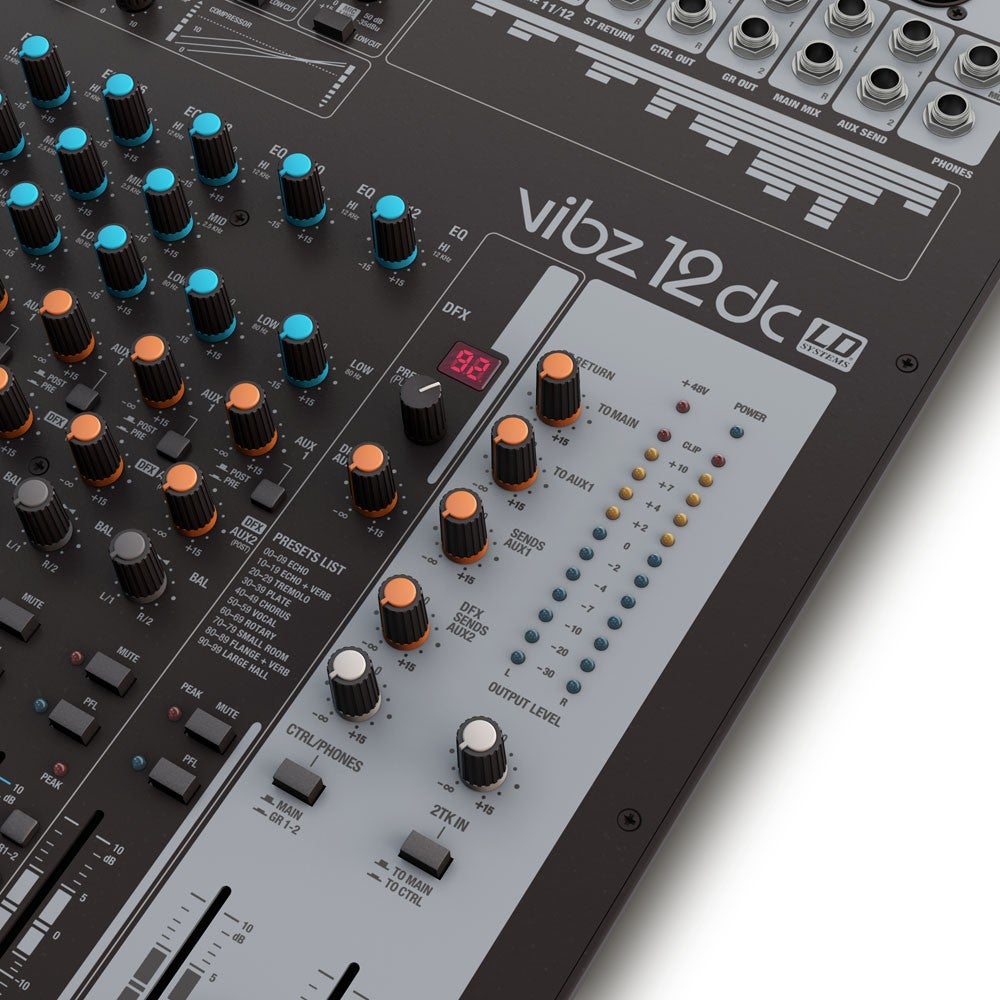 LD Systems VIBZ 12 DC 12-kanaals mixer met DFX en compressor