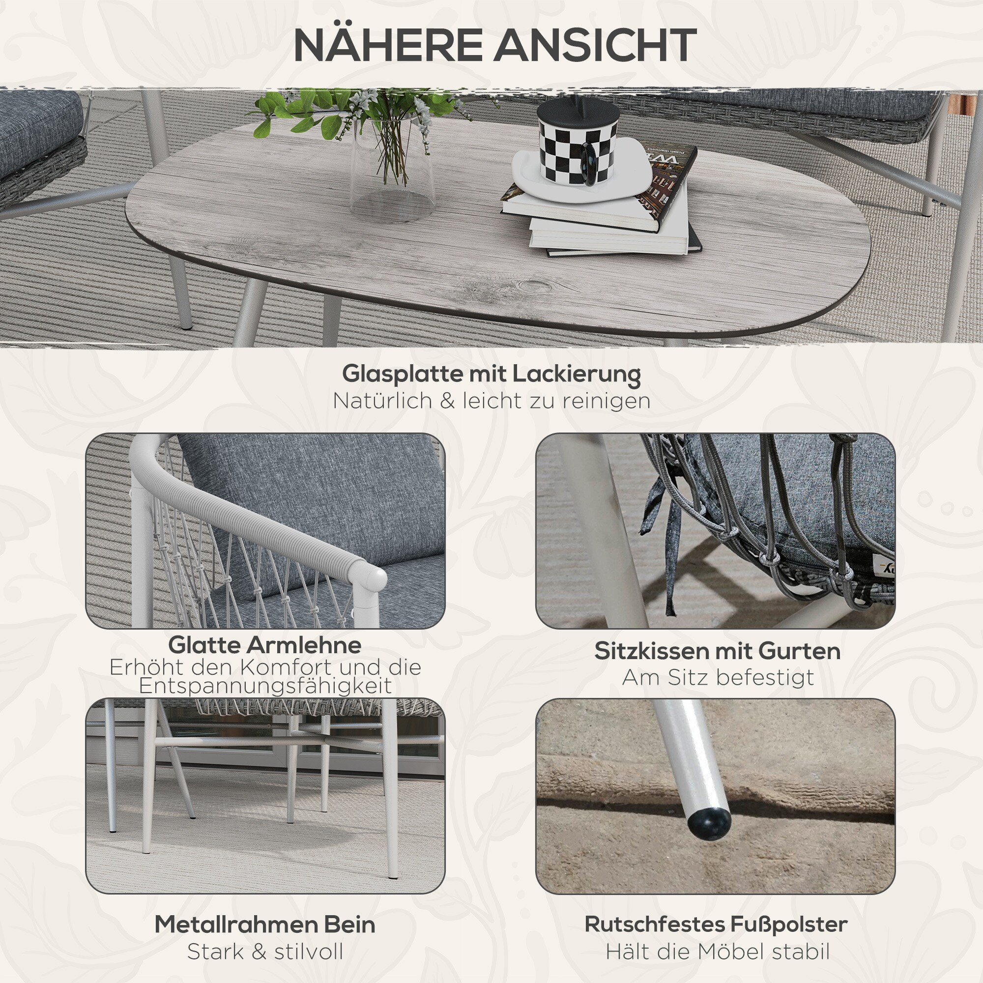 Outsunny Flecht Gartenmöbel-Set mit Polsterkissen grau 121L x 68B x 67H cm