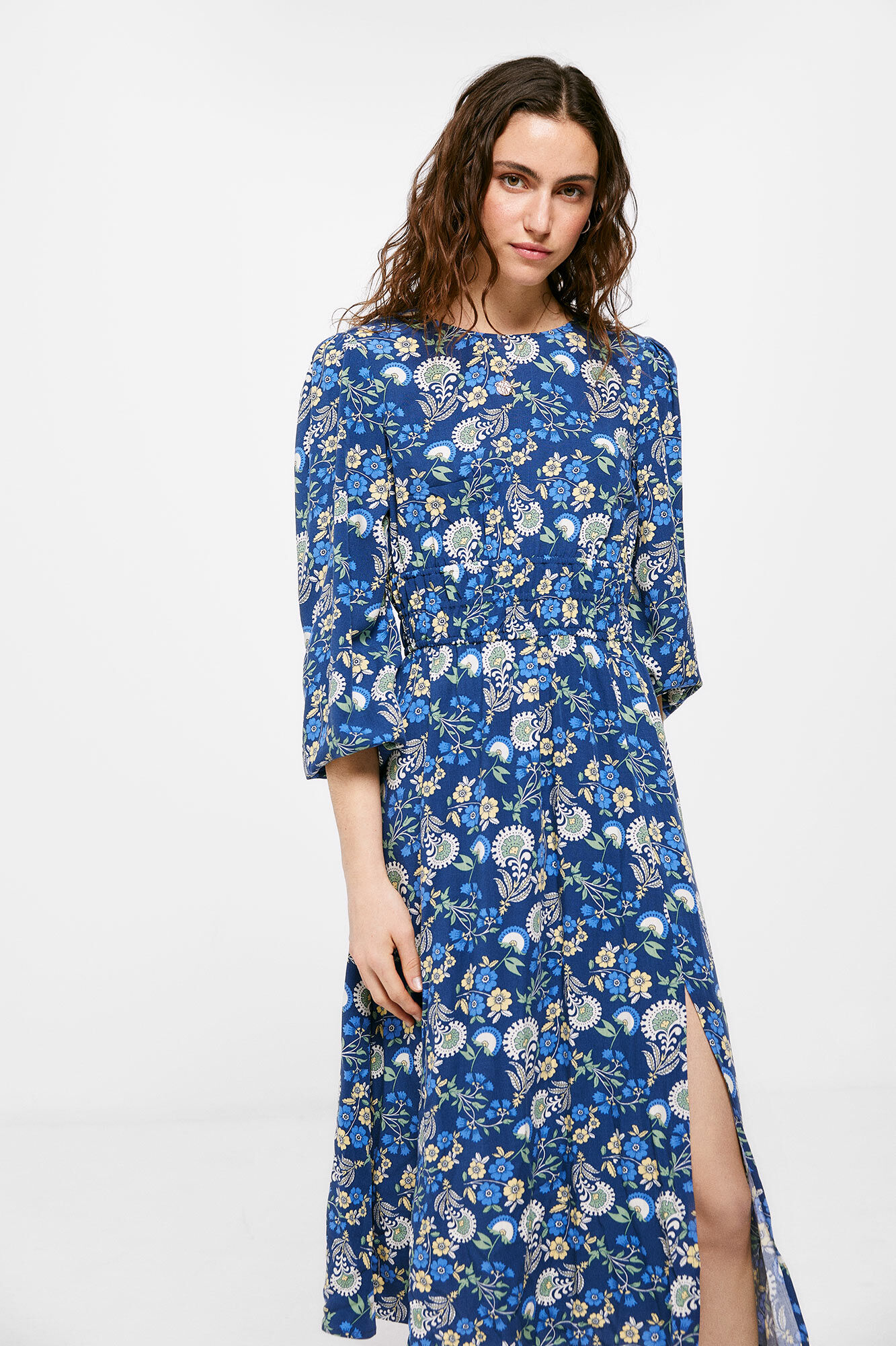 Vestido midi com cintura elástica - Azul-marinho