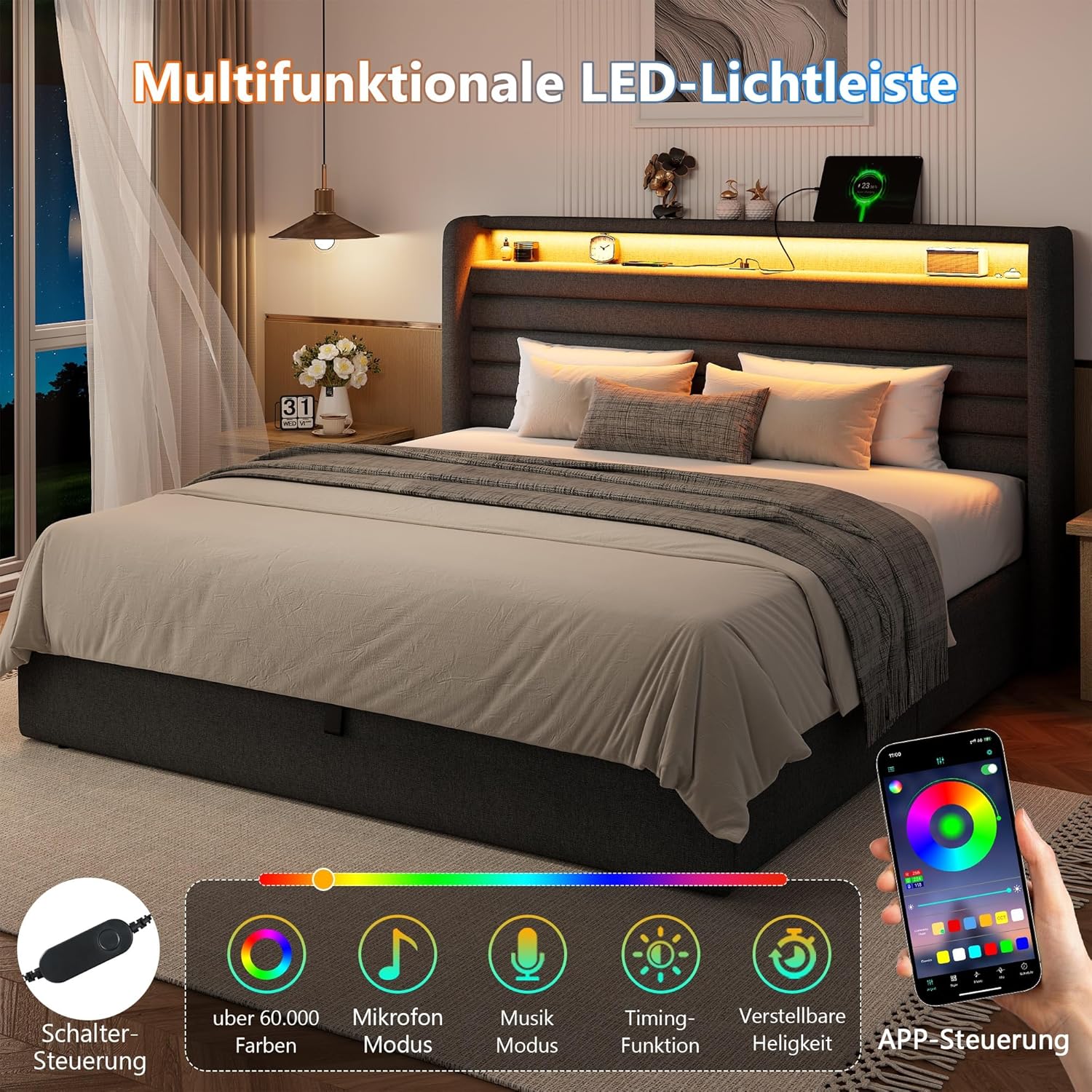 FEONASE Bett 180x200 mit Stauraum, Polsterbett 180x200 cm mit LED-Beleuchtung & Ladestation, Bettgestell mit Hydraulischem und Kopfteil Stauraum, Lattenrost, Ohne Matratze, Dunkelgrau