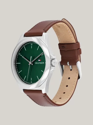 Relógio com mostrador verde e pulseira de couro marrom