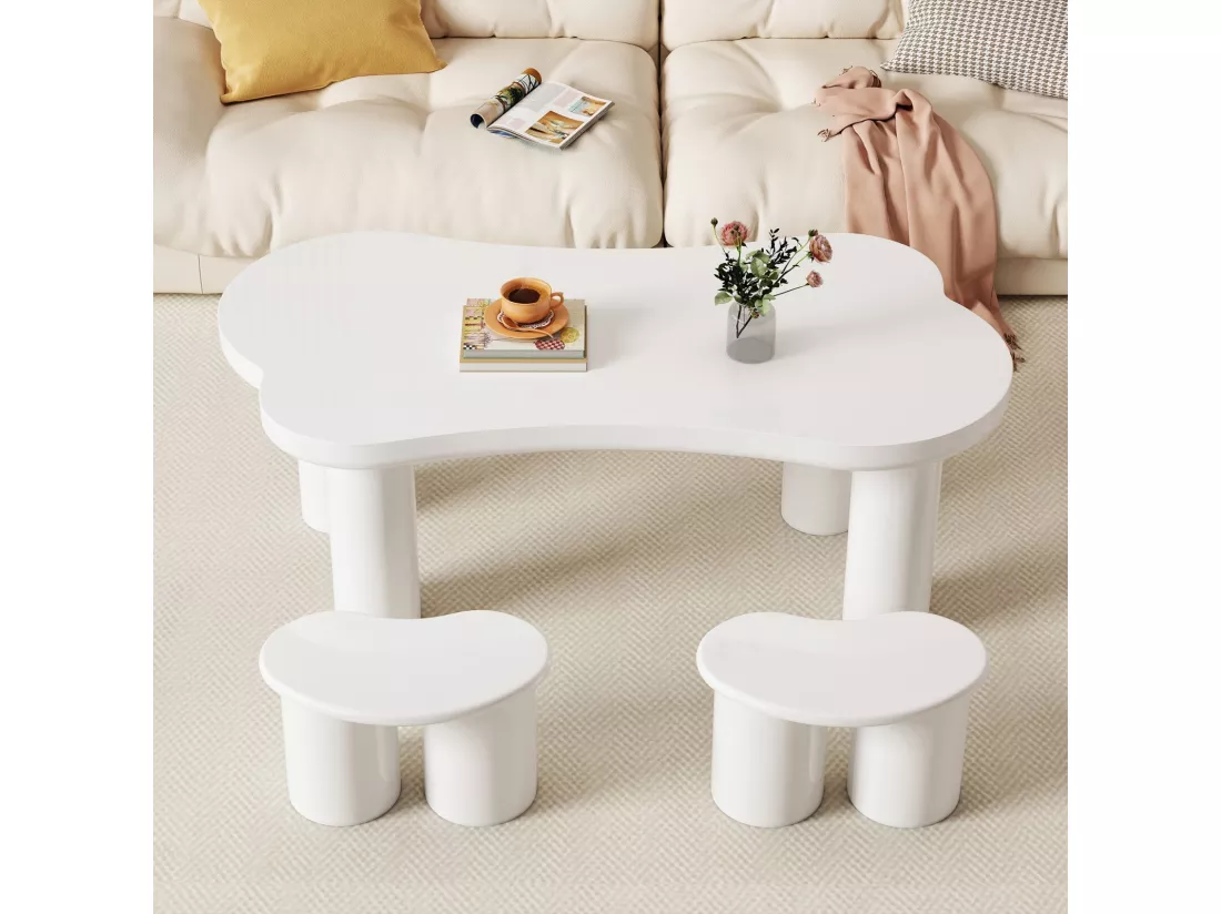 Table basse asymétrique avec 2 tabourets - en MDF + pieds en PVC - 113x58x40.5cm - Blanc