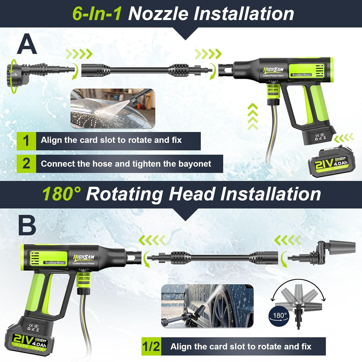Akku Hochdruckreiniger, highsam Pressure Washer 4-Gang-Modus Max 120Bar, Druckreiniger Mobiler mit 2x4.0Ah Batterien, 6-in-1und 180° Drehbare Düse, Schaumsprüher, 5M Schlauch | Reinigung Bewässerung