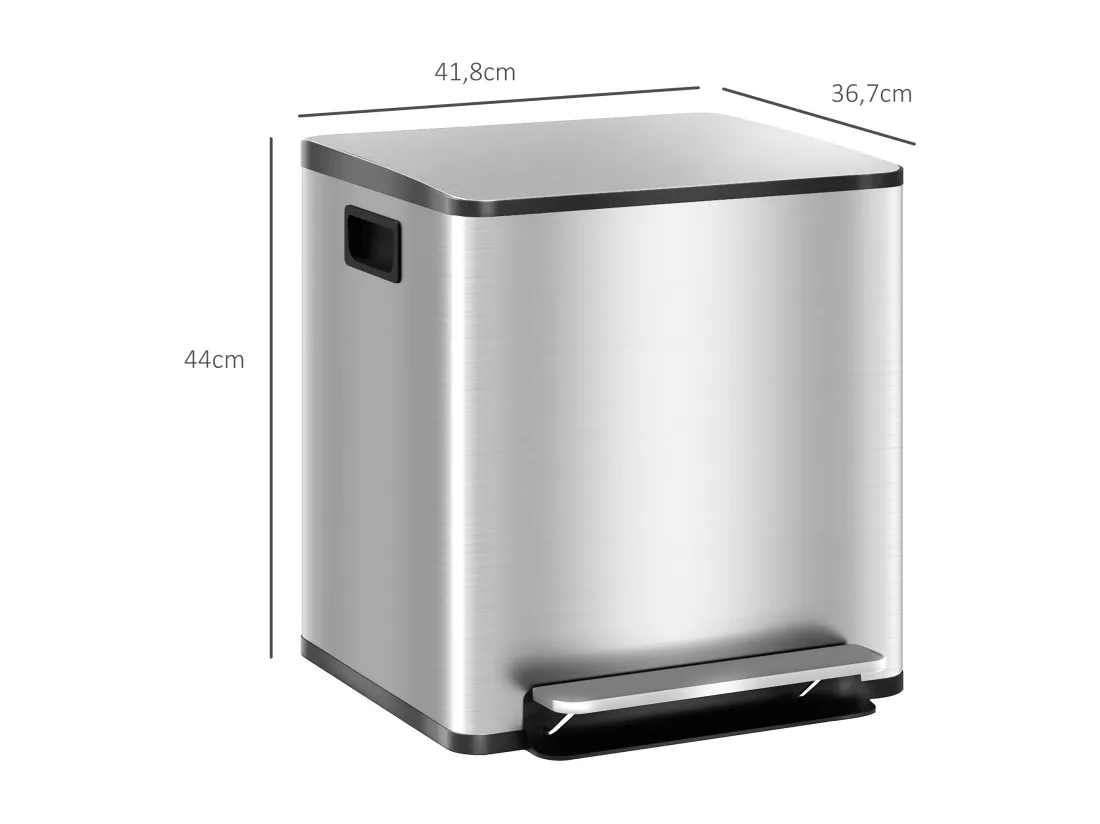 Poubelle de cuisine de 2 x 15L poubelle à pédale 2 compartiments, en acier inoxydable avec couvercle à fermeture douce, seaux amovibles, 41,8L x 36,7l x 44H cm argenté