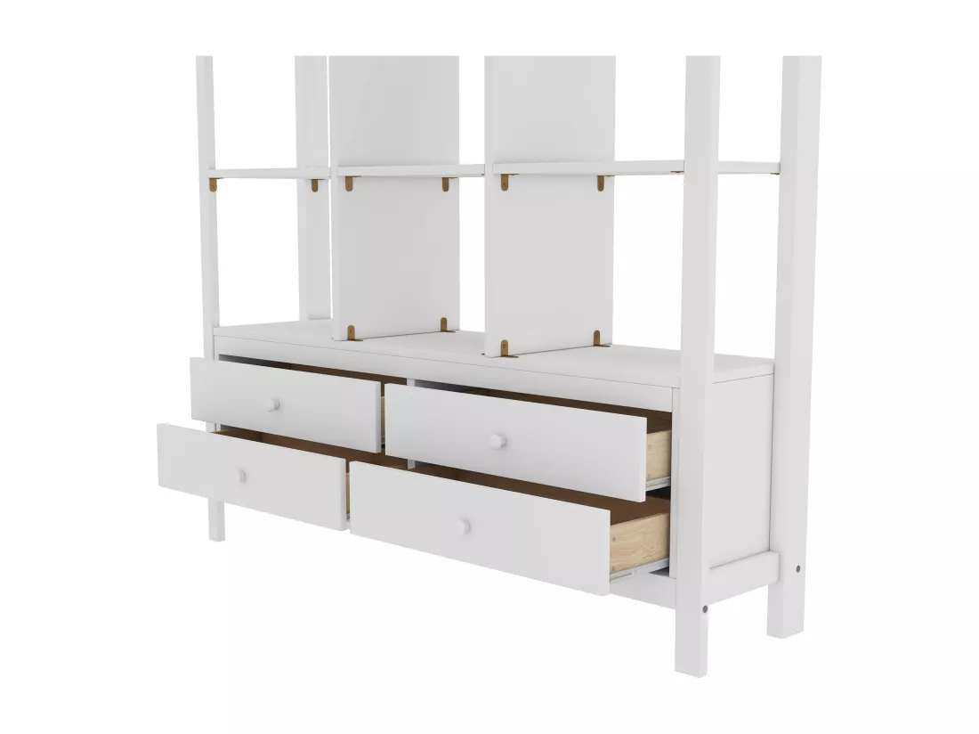 Lit mezzanine 140x200cm en pin massif avec bureau + tiroirs + étagères + sommier à lattes - Blanc