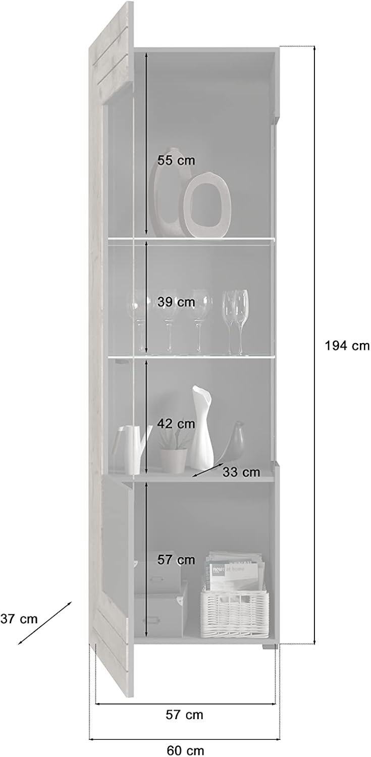xonox.home Wohnzimmer Freno Vitrine Glas Vitrine Deko-Vitrine Stauraumvitrine in grau Nb.Absetzung Nox Oak Nb.ca.60x194x37 cm