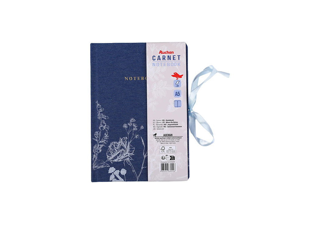 CADERNO A5 AUCHAN CAPA DURA AZUL FLORES 80 FOLHAS