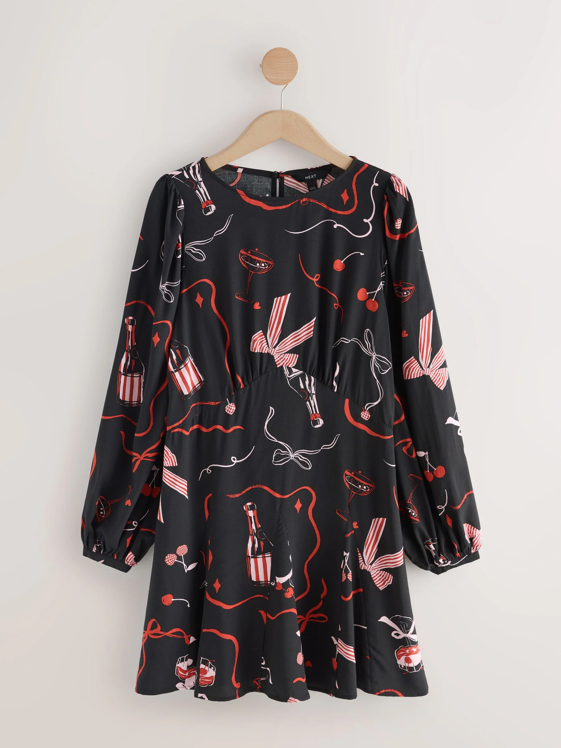 Black/Pink Bow Print - Mini Long Sleeve A-Line Seam Detail Dress