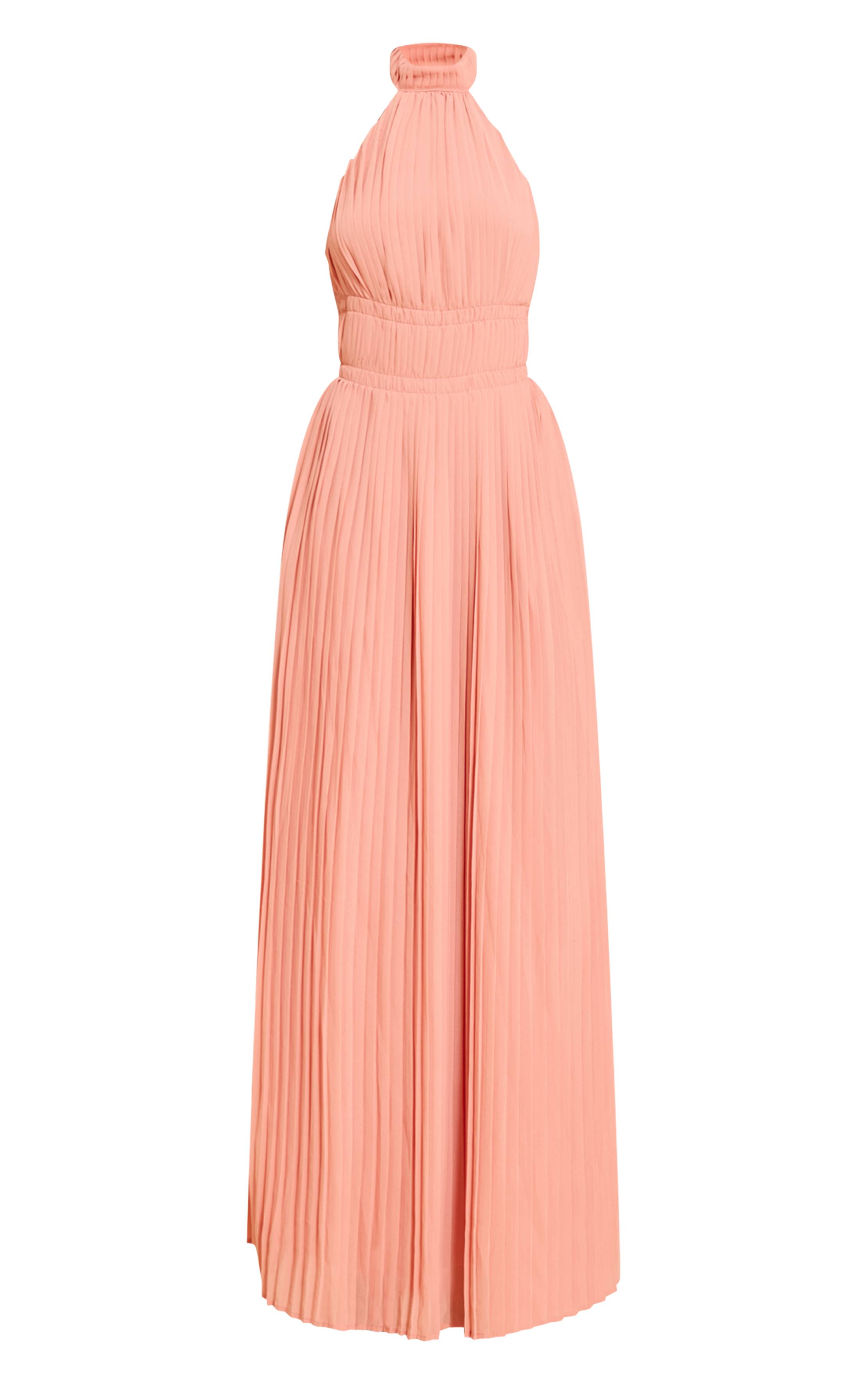 Rose Pâle Robe Longue Plissée Sans Manches À Col Montant Effet Spectaculaire
