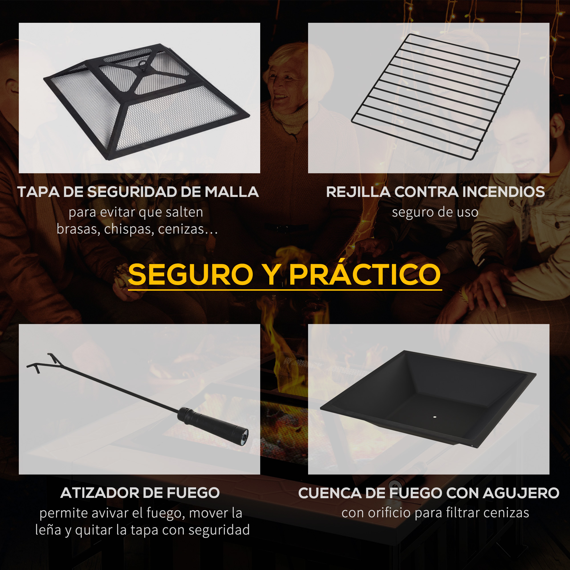 Lareira externa multifuncional 3 em 1 Outsunny em metal com churrasqueira e balde de gelo para pátio e jardim, 86x86x54 cm