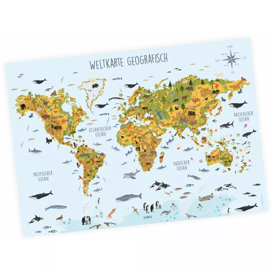 Nikima Poster Kinder Weltkarte Tiere geografisch - in 3 Größen bunt