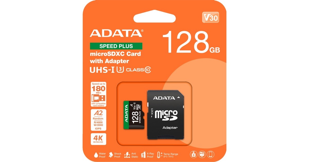 ADATASPEED PLUS microSDXC 128 GB geheugenkaart  (UHS-I U3, Class 10, V30, A2)