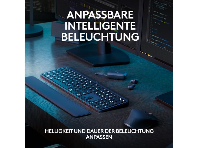 Logitech Tastatur MX Keys S Plus CH-Layout mit Handgelenkau Komfortable Tastatur mit Multi-Device Kopplung und intelligenter Beleuchtung