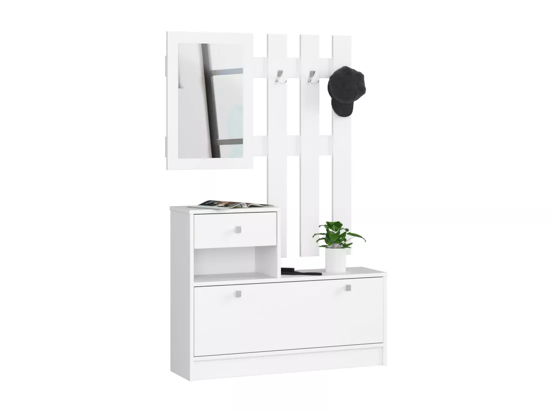 Meuble à chaussures AKORD Blanc 90 cm 1 porte 1 tiroir façade Blanche 2 étagères 90x25x170 cm