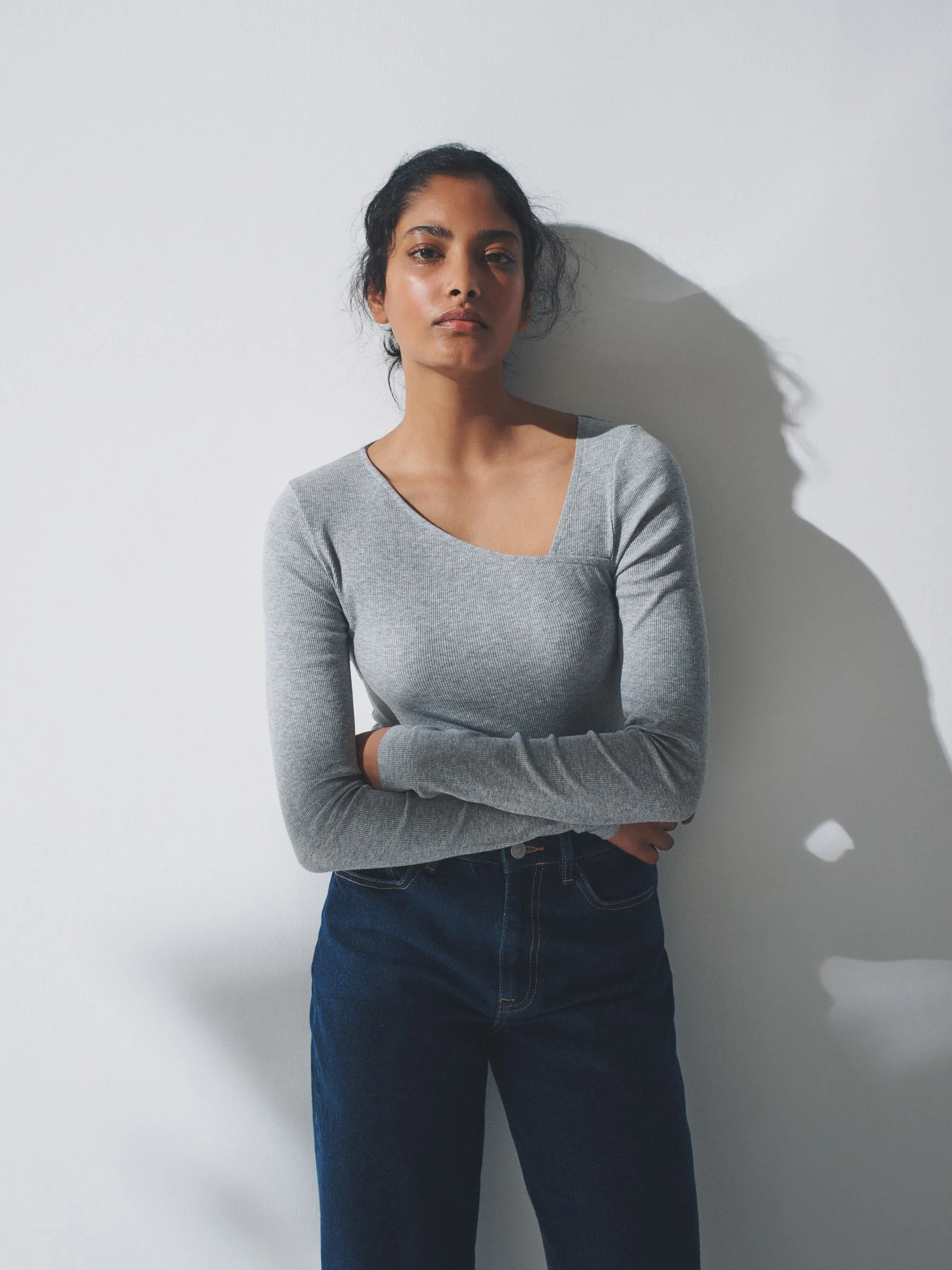 The Set 3 Pack Asymmetric Neckline Long Sleeve Ribbed T-Shirt